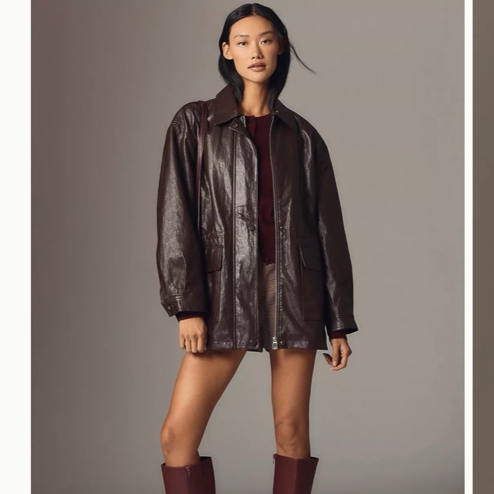 XXS Anthropologie Dark Brown Faux Leather Oversized Jacket